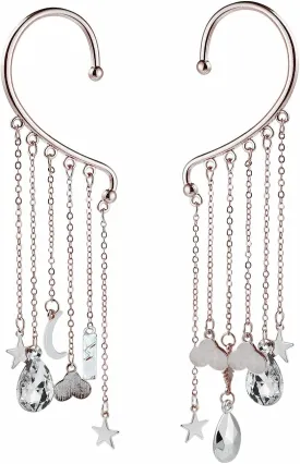 1 Pair Boho Sun, Moon and Stars Hanging Ear Tassel Cuff Earrings Set Angel Tears Pendant Crawling Hook Wrap Earrings Personalized for Women Non Piercing Jewelry