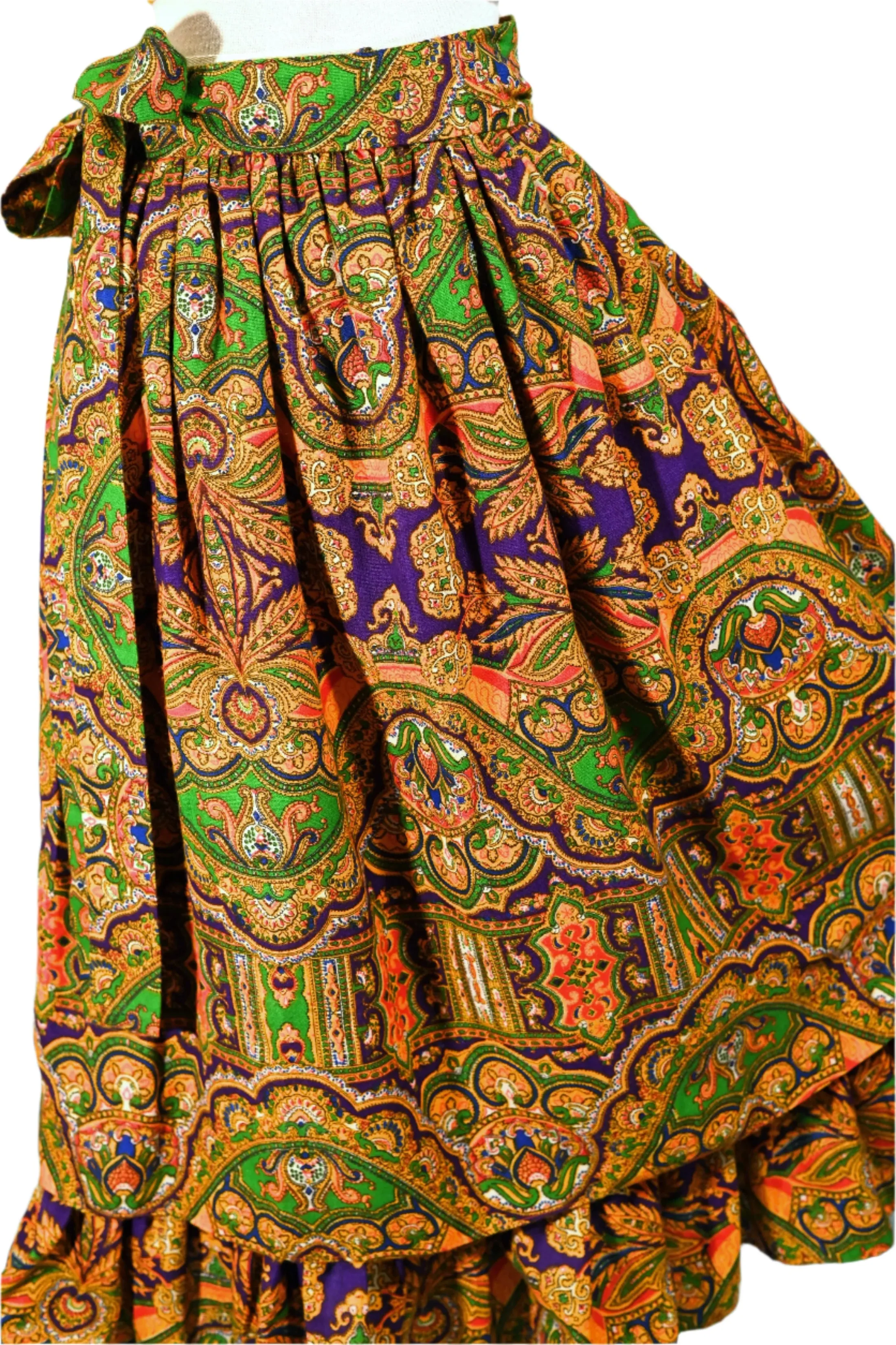 70s Gypsy Ruffle Skirt, Bohemian Paisley Print by Ellen Tracy 5/S