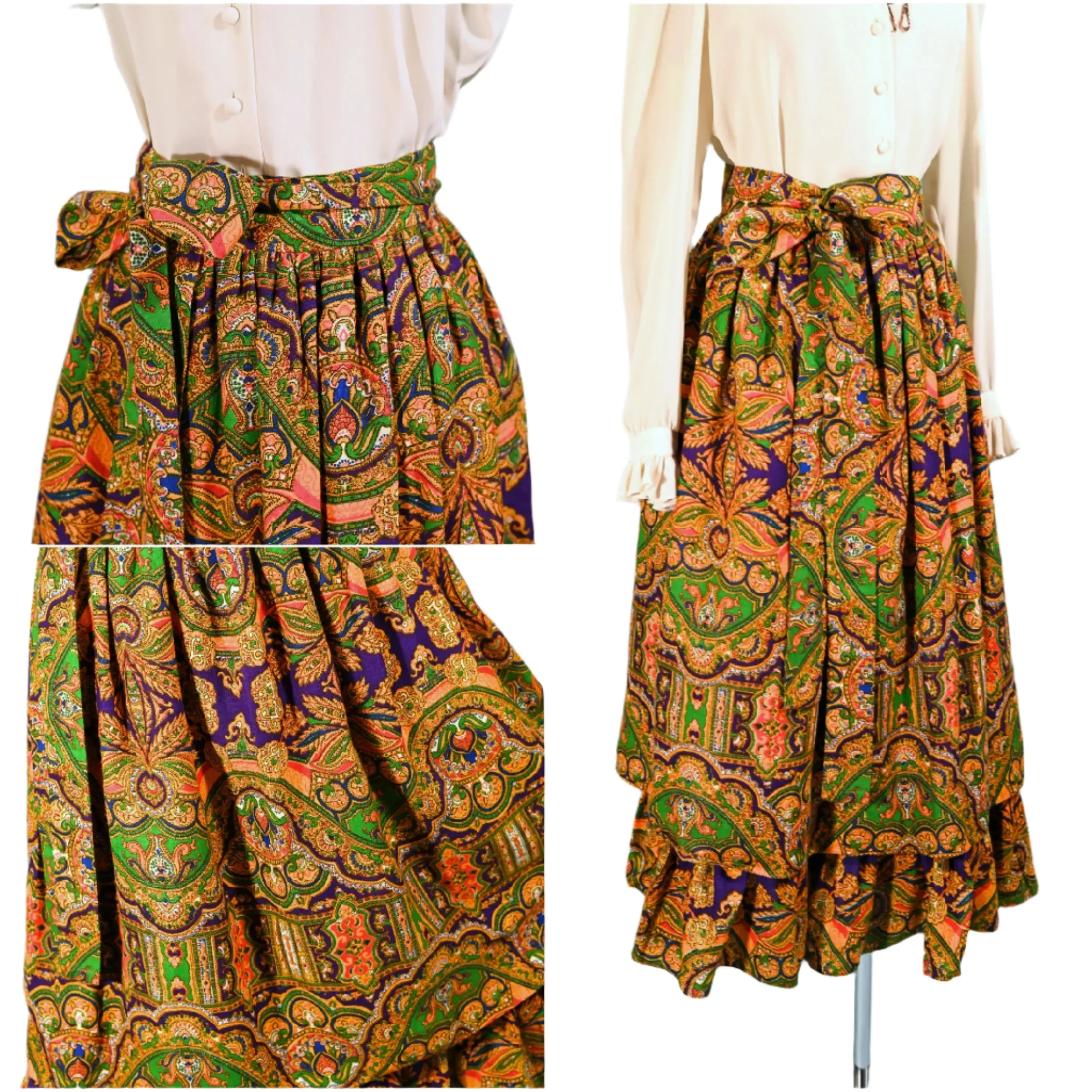 70s Gypsy Ruffle Skirt, Bohemian Paisley Print by Ellen Tracy 5/S