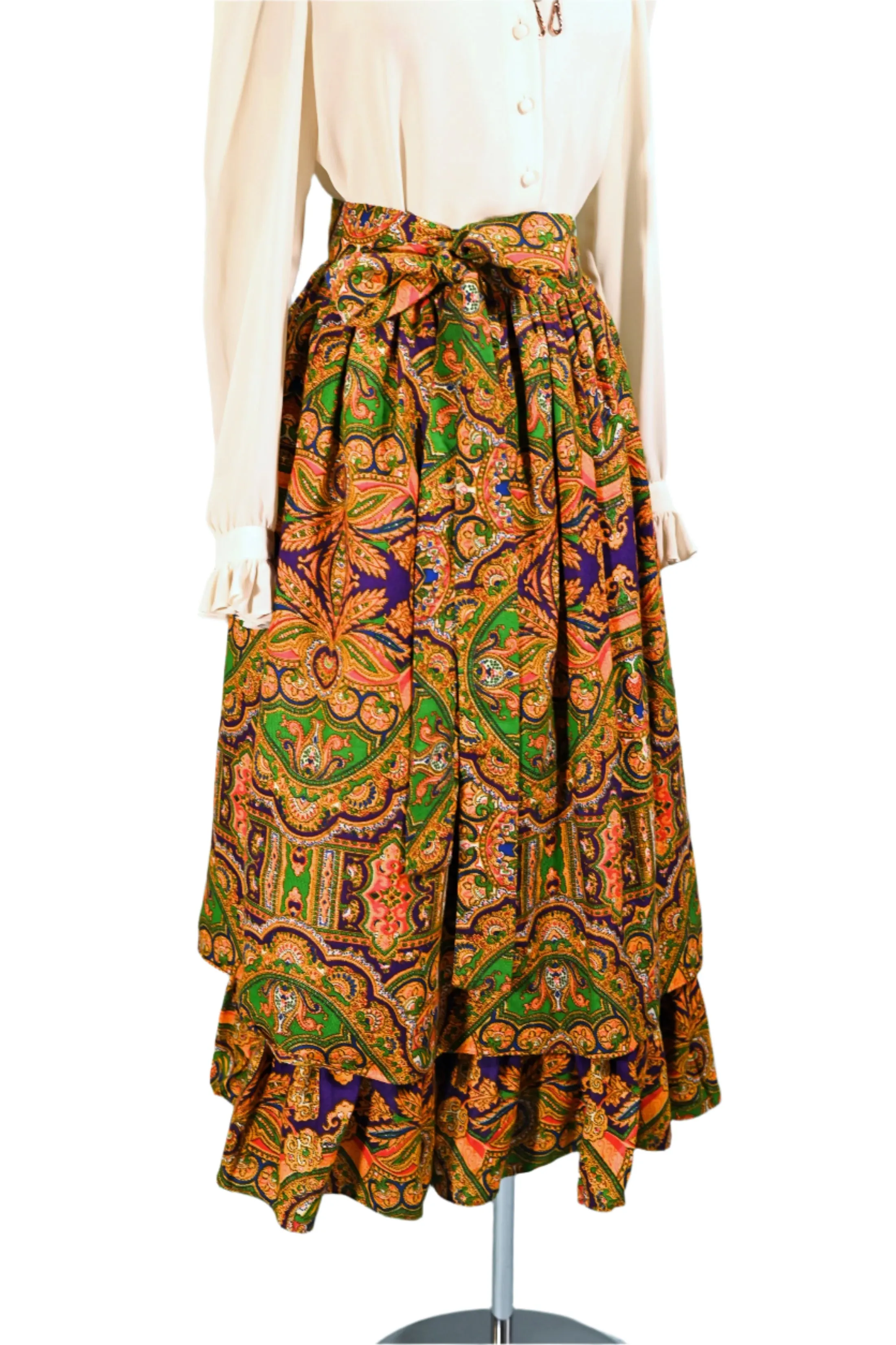 70s Gypsy Ruffle Skirt, Bohemian Paisley Print by Ellen Tracy 5/S