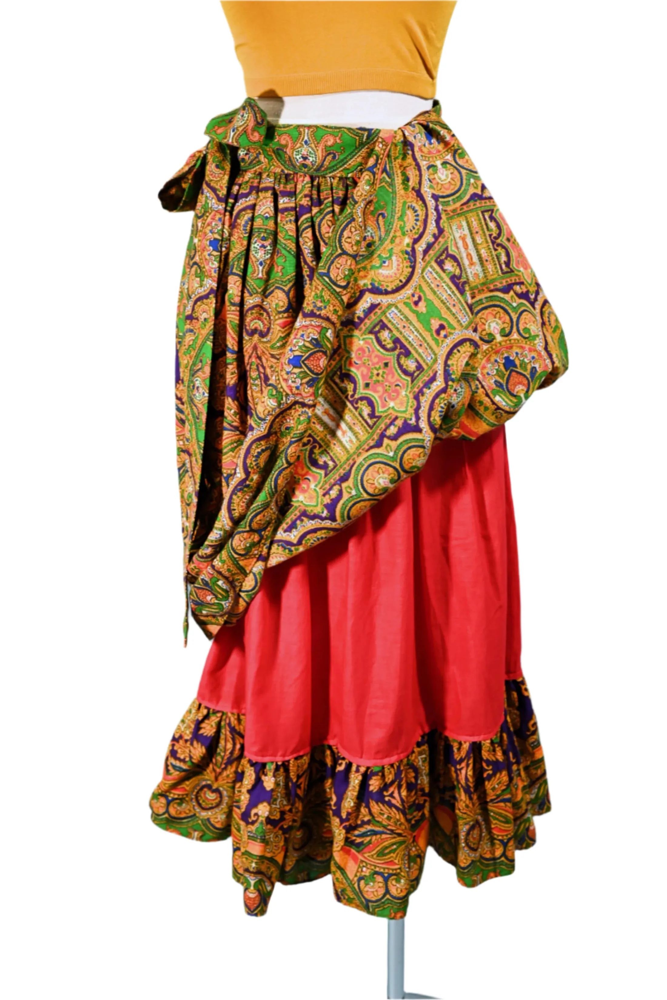 70s Gypsy Ruffle Skirt, Bohemian Paisley Print by Ellen Tracy 5/S