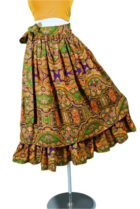 70s Gypsy Ruffle Skirt, Bohemian Paisley Print by Ellen Tracy 5/S