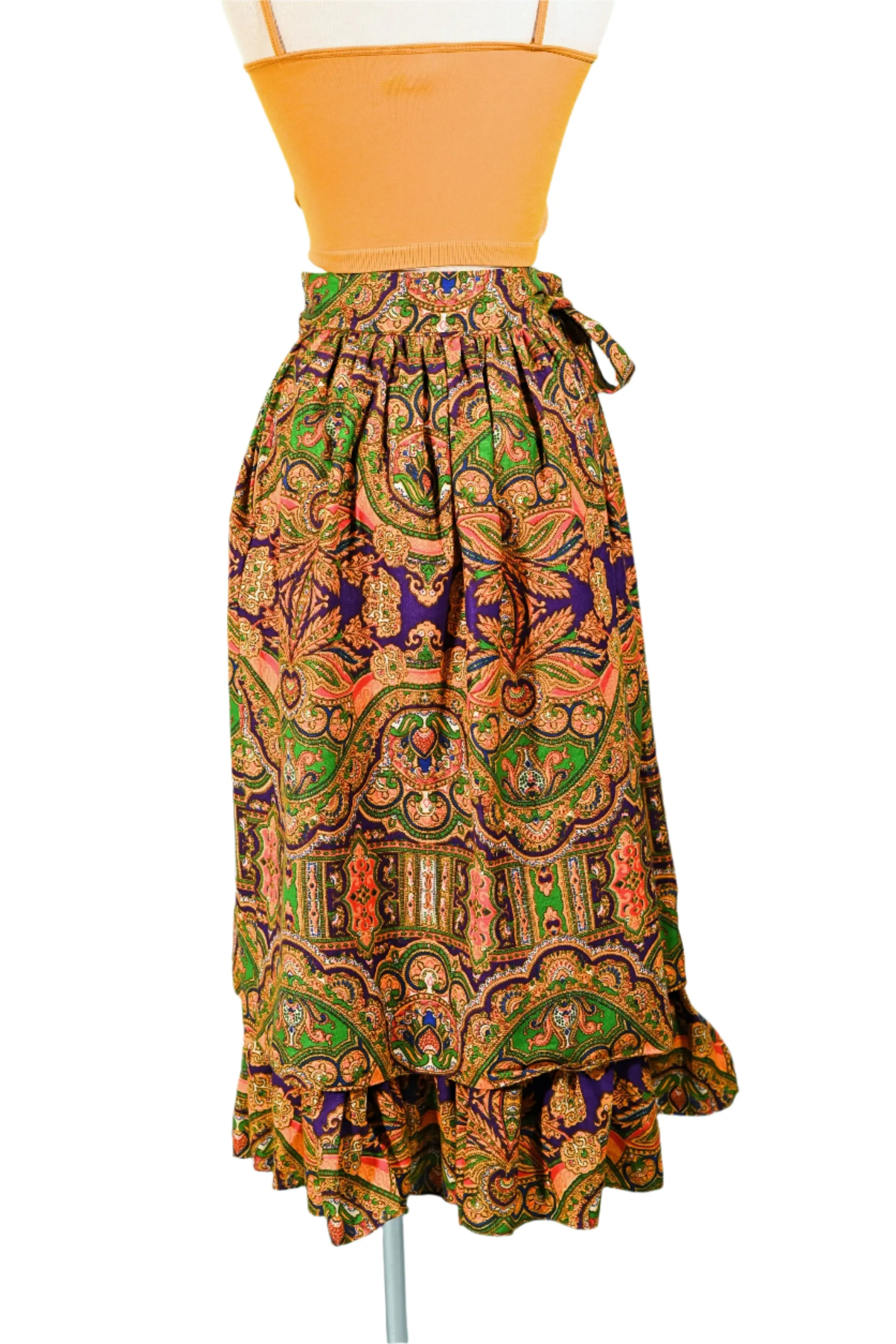 70s Gypsy Ruffle Skirt, Bohemian Paisley Print by Ellen Tracy 5/S