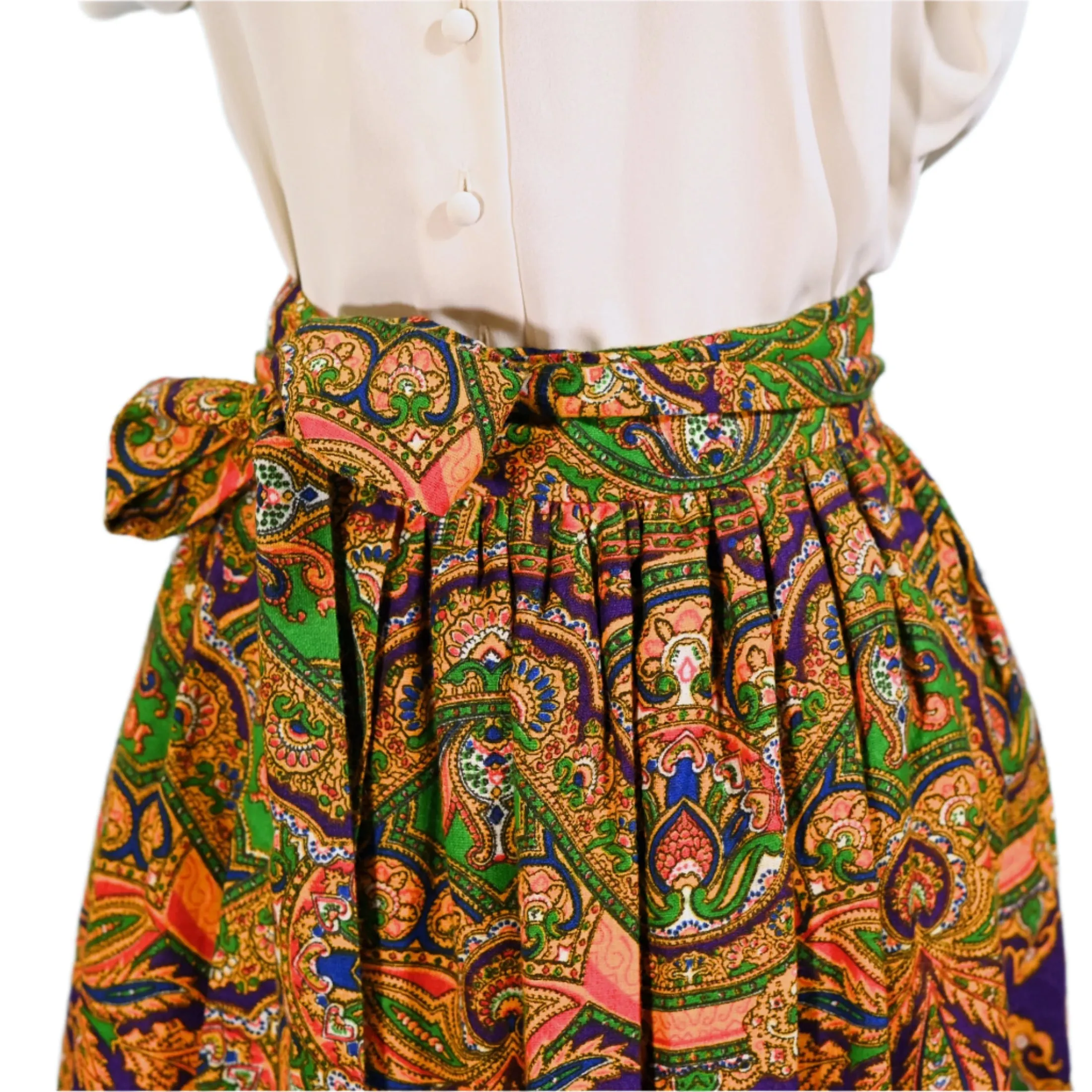 70s Gypsy Ruffle Skirt, Bohemian Paisley Print by Ellen Tracy 5/S