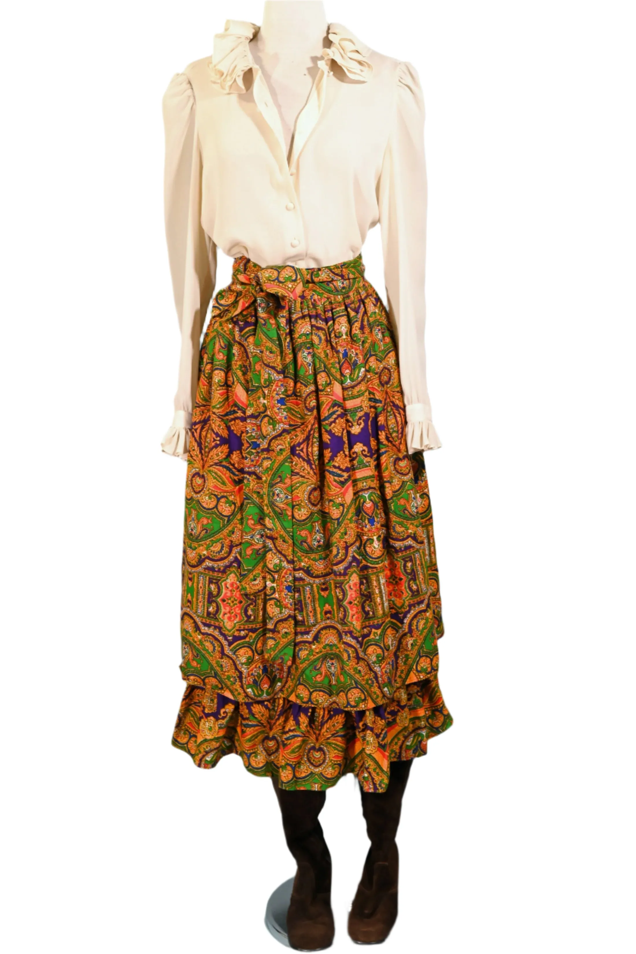 70s Gypsy Ruffle Skirt, Bohemian Paisley Print by Ellen Tracy 5/S