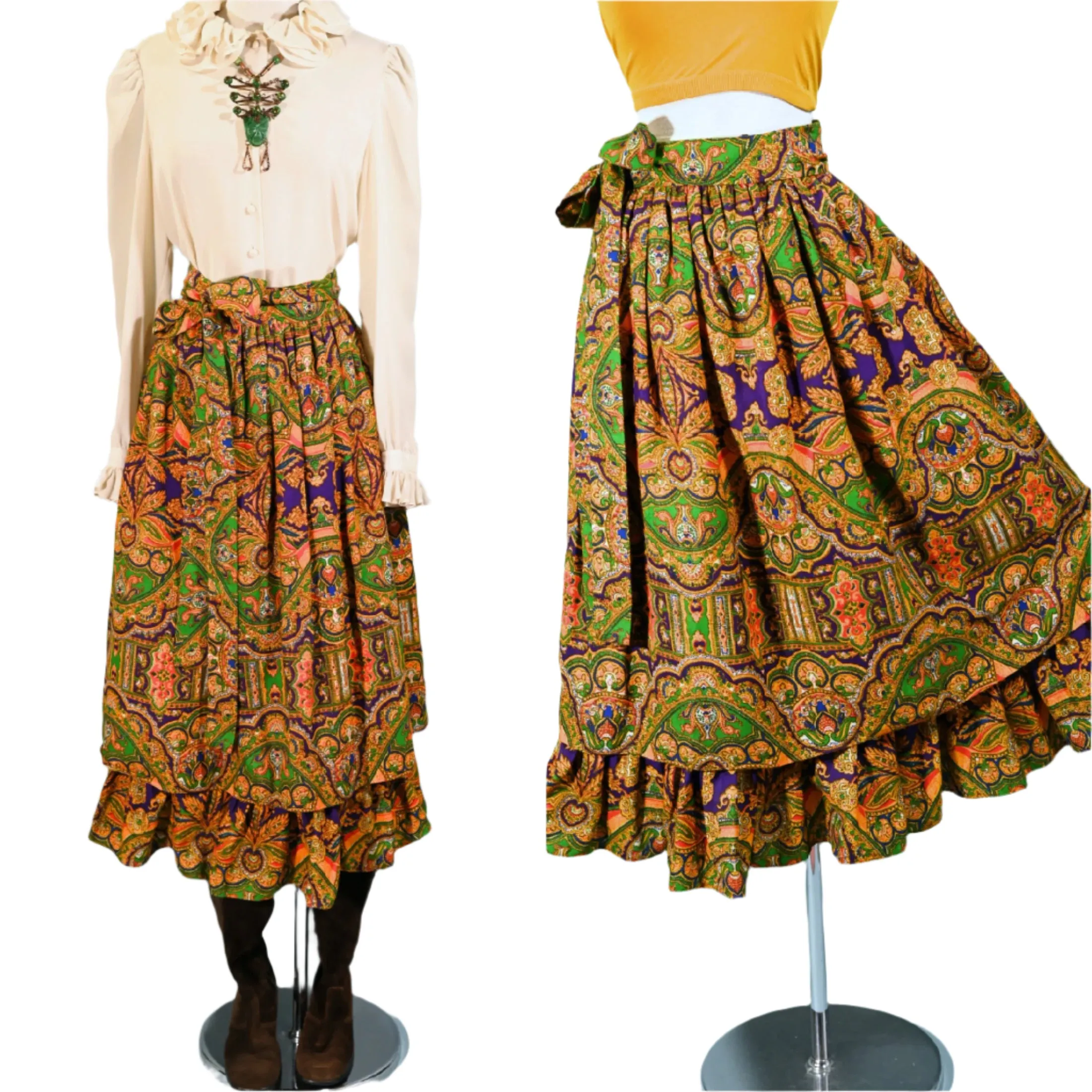 70s Gypsy Ruffle Skirt, Bohemian Paisley Print by Ellen Tracy 5/S