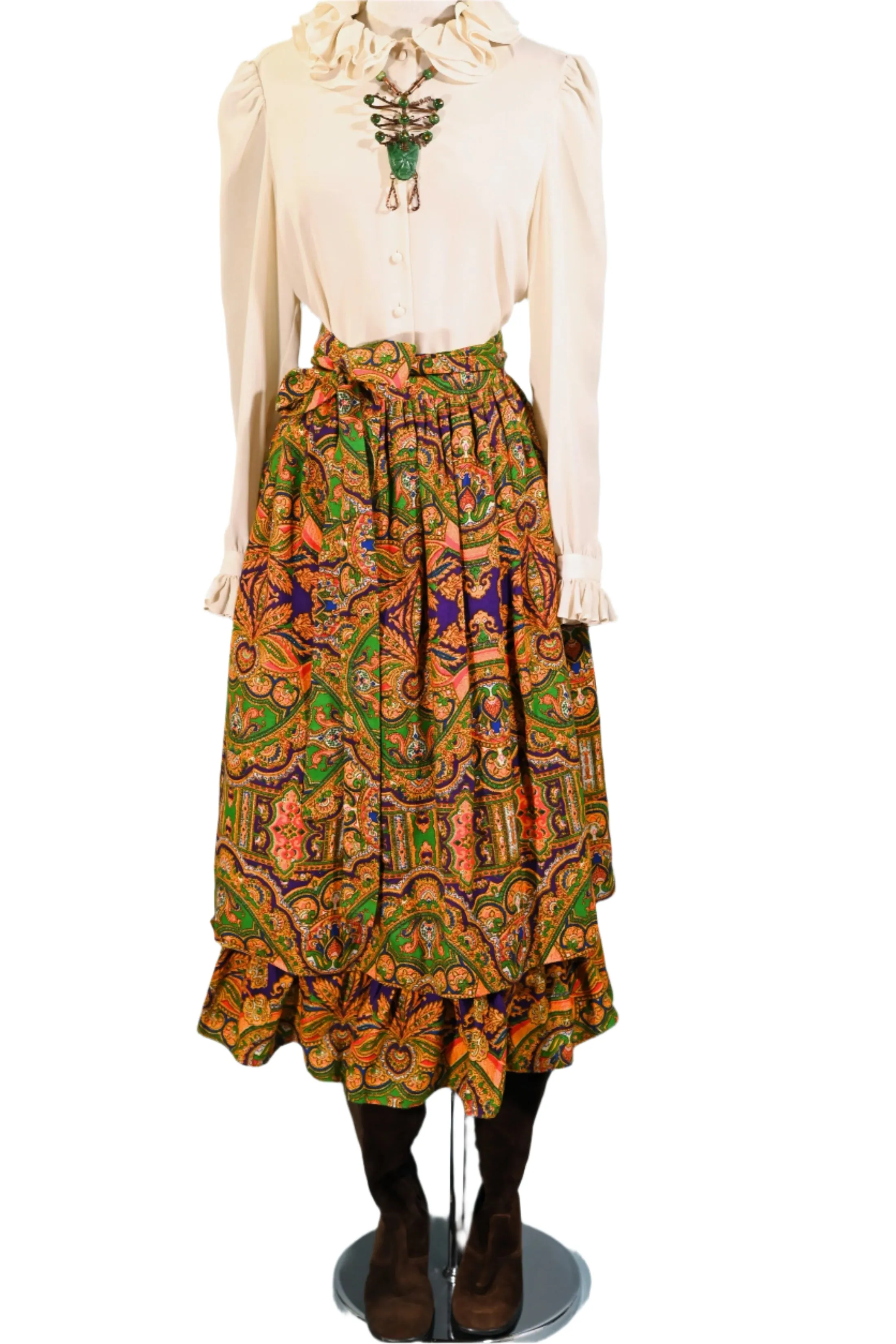 70s Gypsy Ruffle Skirt, Bohemian Paisley Print by Ellen Tracy 5/S
