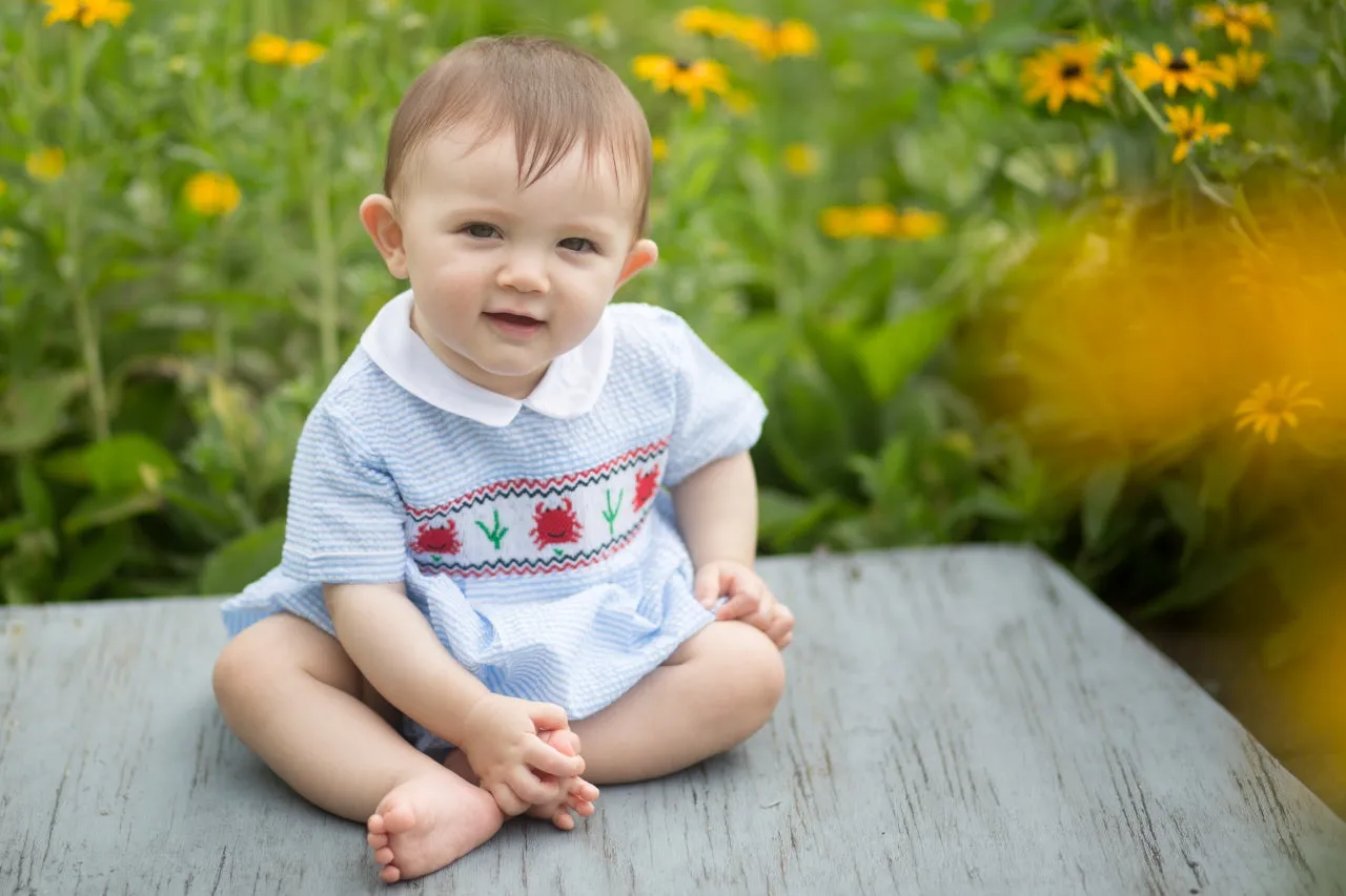 90037-Carriage Boutique Crawling Crab Blue Baby Boy Bubble Romper