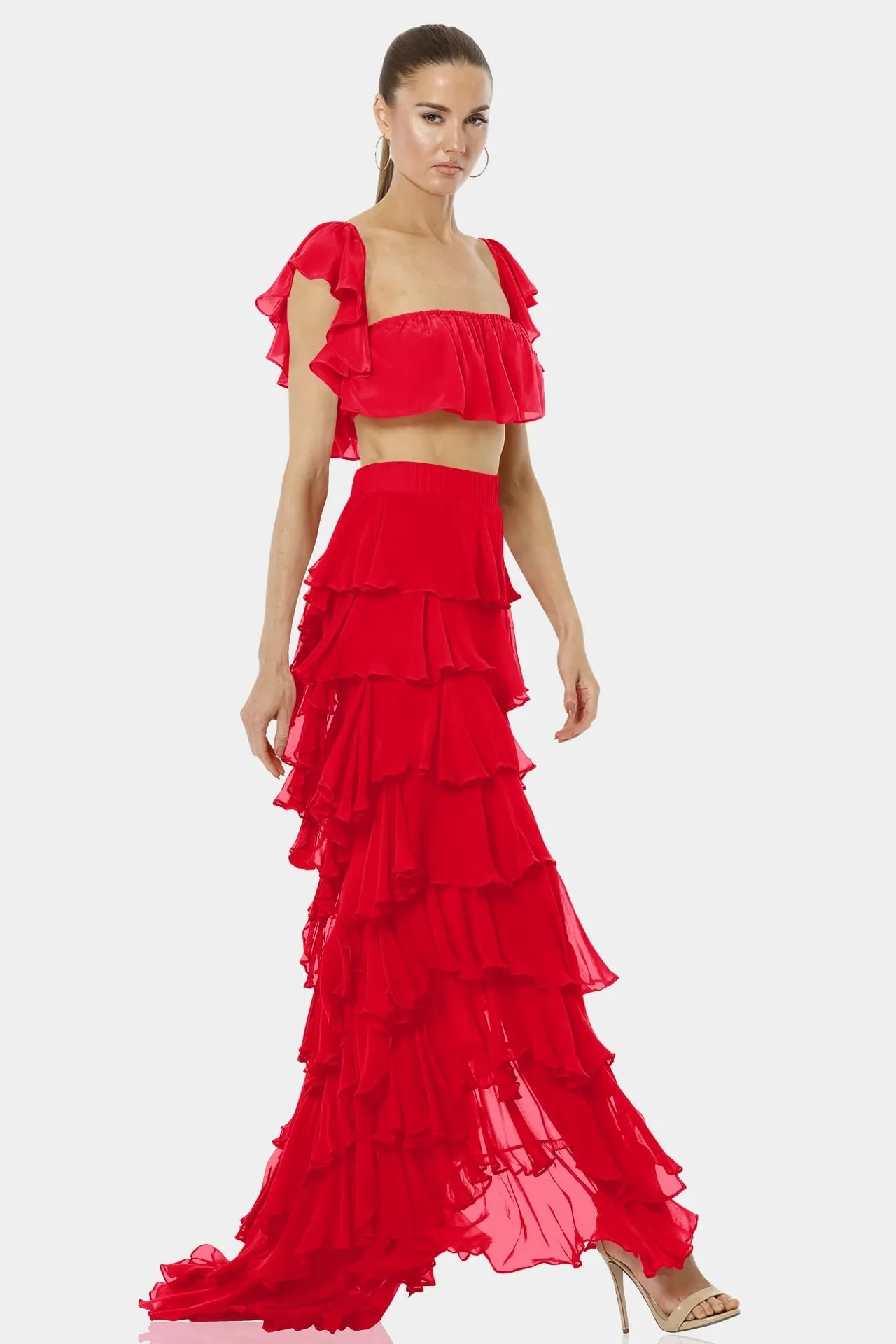 Almyra Flaming Red Long Ruffle Skirt With Side Split