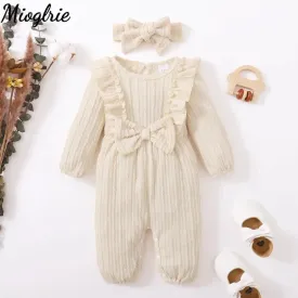 Baby Girls Winter Warm Jumpsuit Newborn Clothes Solid Ruffled Clothing with Headband Bowknot Button Infant Newborn Romper X4470988