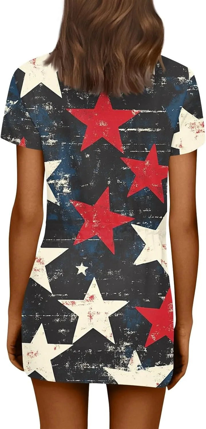 BAXLIMEK 4Th of July Dress Women,2025 Summer Trendy American Flag Mini Dress Casual V Neck Short Sleeve T Shirt Sundress