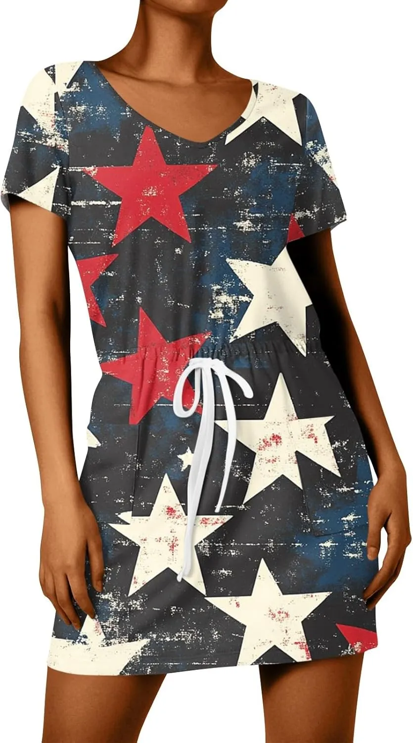 BAXLIMEK 4Th of July Dress Women,2025 Summer Trendy American Flag Mini Dress Casual V Neck Short Sleeve T Shirt Sundress
