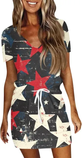 BAXLIMEK 4Th of July Dress Women,2025 Summer Trendy American Flag Mini Dress Casual V Neck Short Sleeve T Shirt Sundress