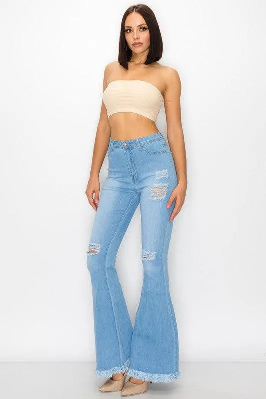 BC011 High waist stretch bell bottom jean with rips and fray