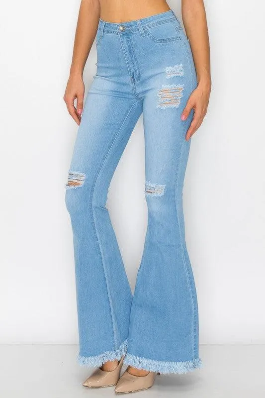 BC011 High waist stretch bell bottom jean with rips and fray