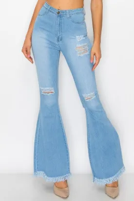 BC011 High waist stretch bell bottom jean with rips and fray