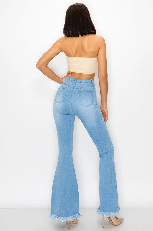 BC011 High waist stretch bell bottom jean with rips and fray
