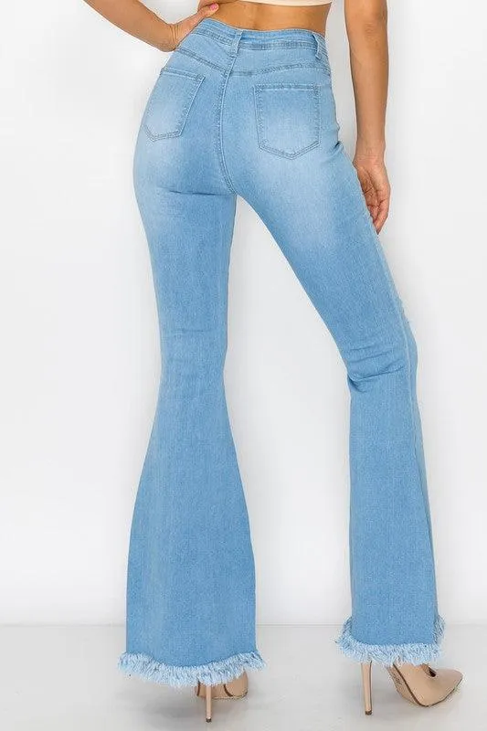 BC011 High waist stretch bell bottom jean with rips and fray