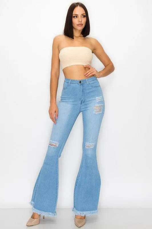 BC011 High waist stretch bell bottom jean with rips and fray
