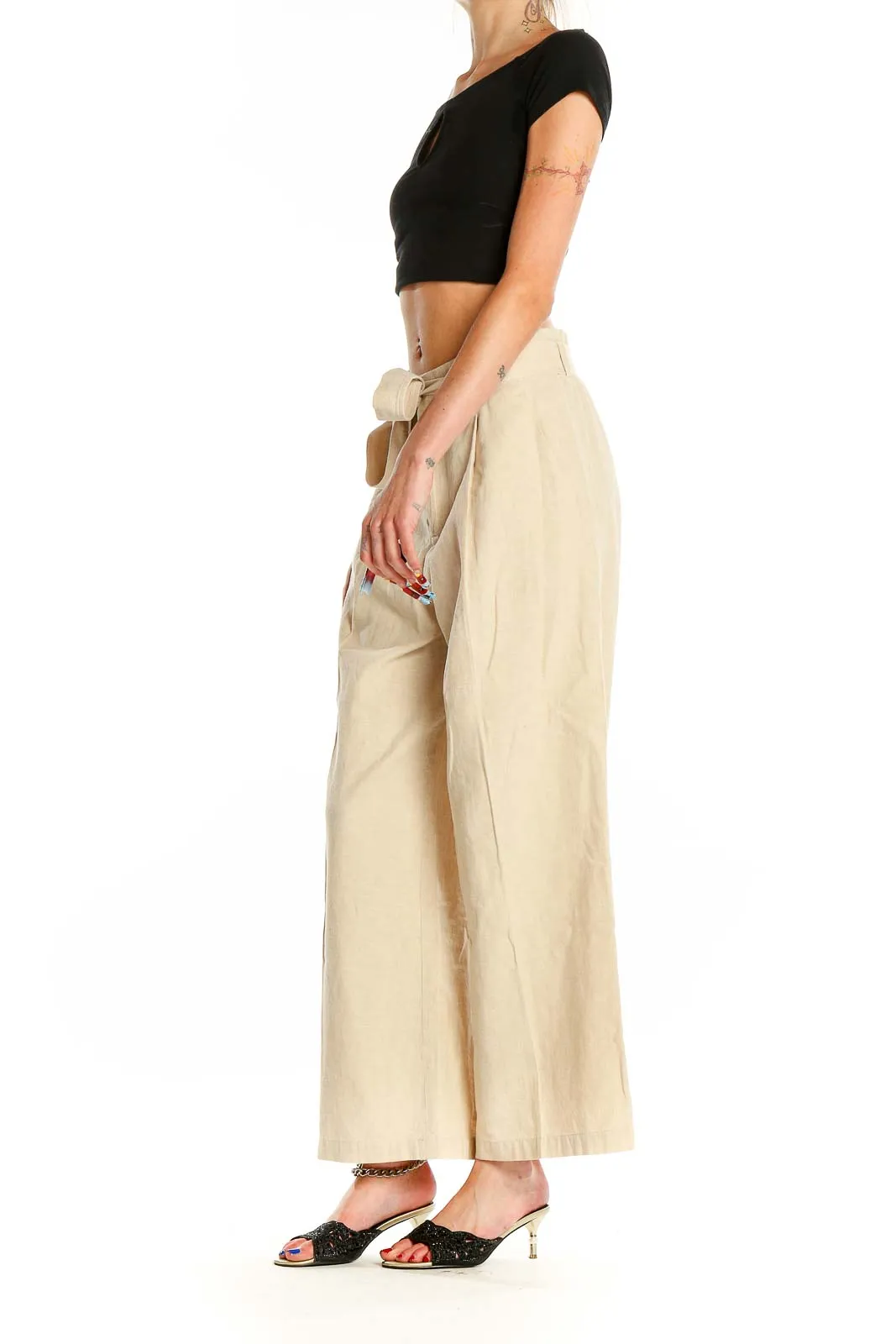 Beige Waist Tie Wide Leg Pants