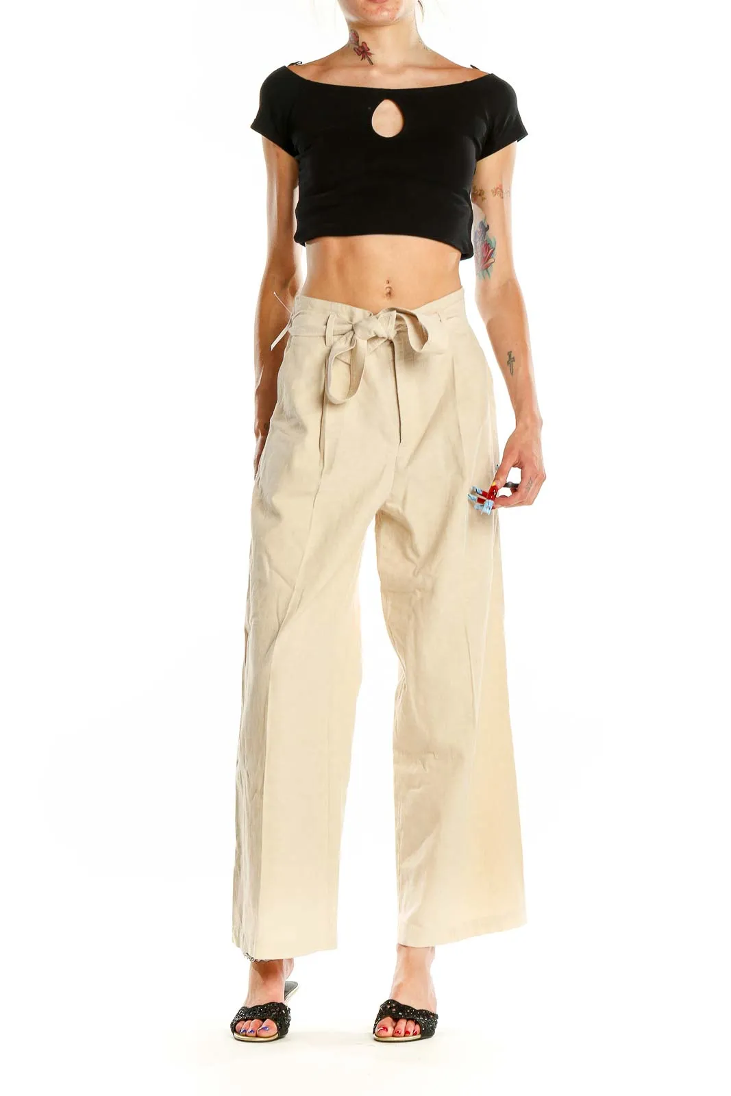 Beige Waist Tie Wide Leg Pants