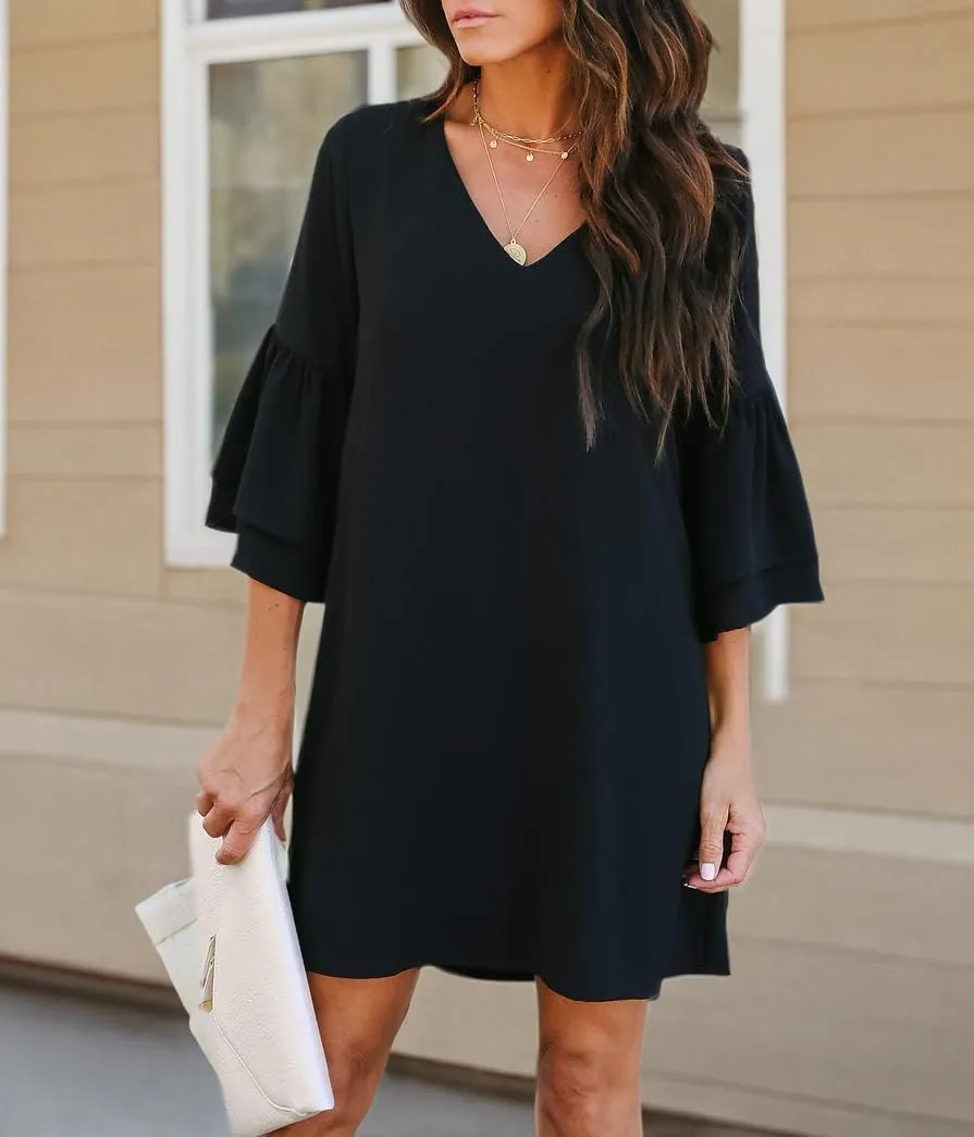 BELONGSCI Women's 2025 Summer Dress Sweet & Cute V-Neck Bell Sleeve Mini Shift Dress, Perfect for Wedding or Graduation