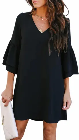 BELONGSCI Women's 2025 Summer Dress Sweet & Cute V-Neck Bell Sleeve Mini Shift Dress, Perfect for Wedding or Graduation