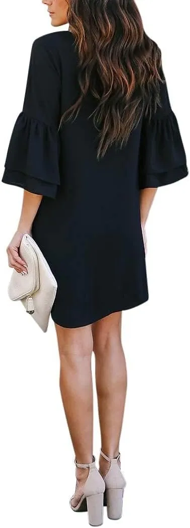 BELONGSCI Women's 2025 Summer Dress Sweet & Cute V-Neck Bell Sleeve Mini Shift Dress, Perfect for Wedding or Graduation