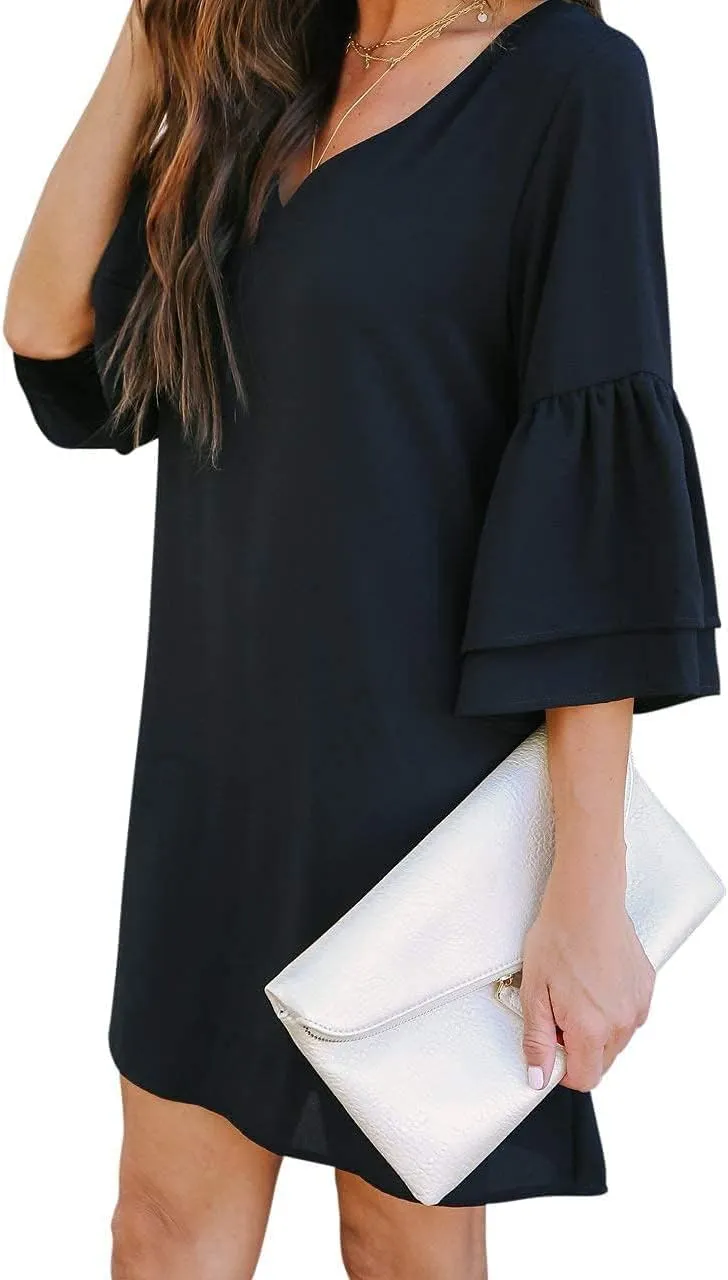 BELONGSCI Women's 2025 Summer Dress Sweet & Cute V-Neck Bell Sleeve Mini Shift Dress, Perfect for Wedding or Graduation