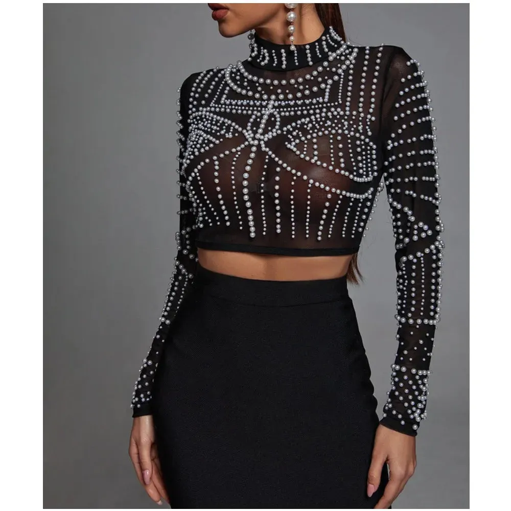 Black Pearl Detailing Top and Bandage Skirt Party Dress