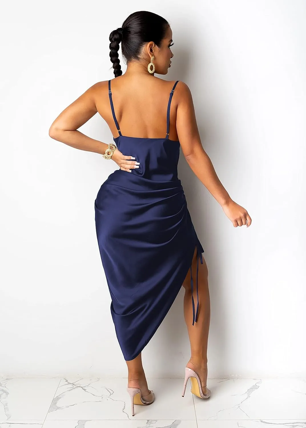 BOGURST Party Dress for Women Sexy Adjustable Ruched Spaghetti Strap Bodycon Dress Drawstring Side Slit Slip