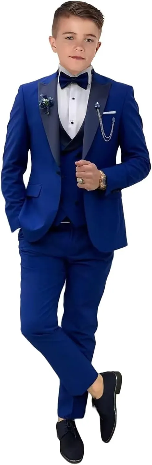Boys Suits 3 Piece Formal Solid Slim Fit Suit Peak Lapel Blazer Pants Vest Boys Suit Double Breasted Kids Tuxedo