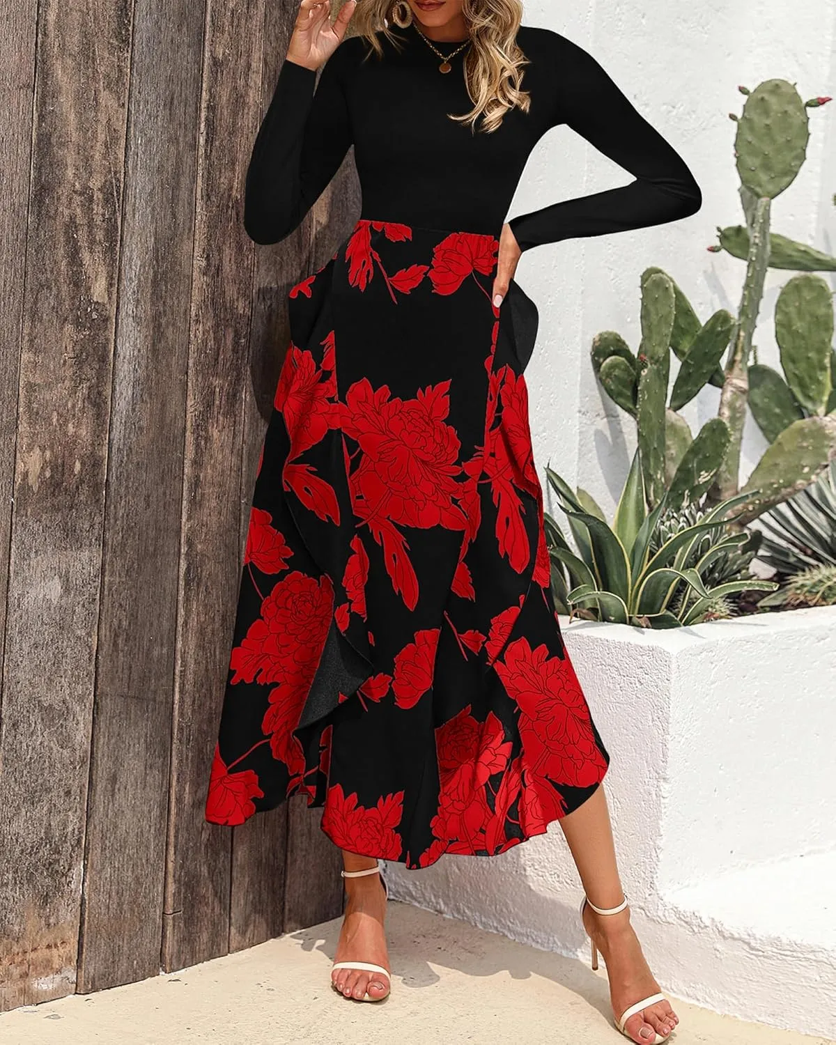 BTFBM Womens Floral Maxi Dress Spring Summer Casual Crewneck Long Sleeve Ruffle Flowy Cocktail Wedding Guest Dresses