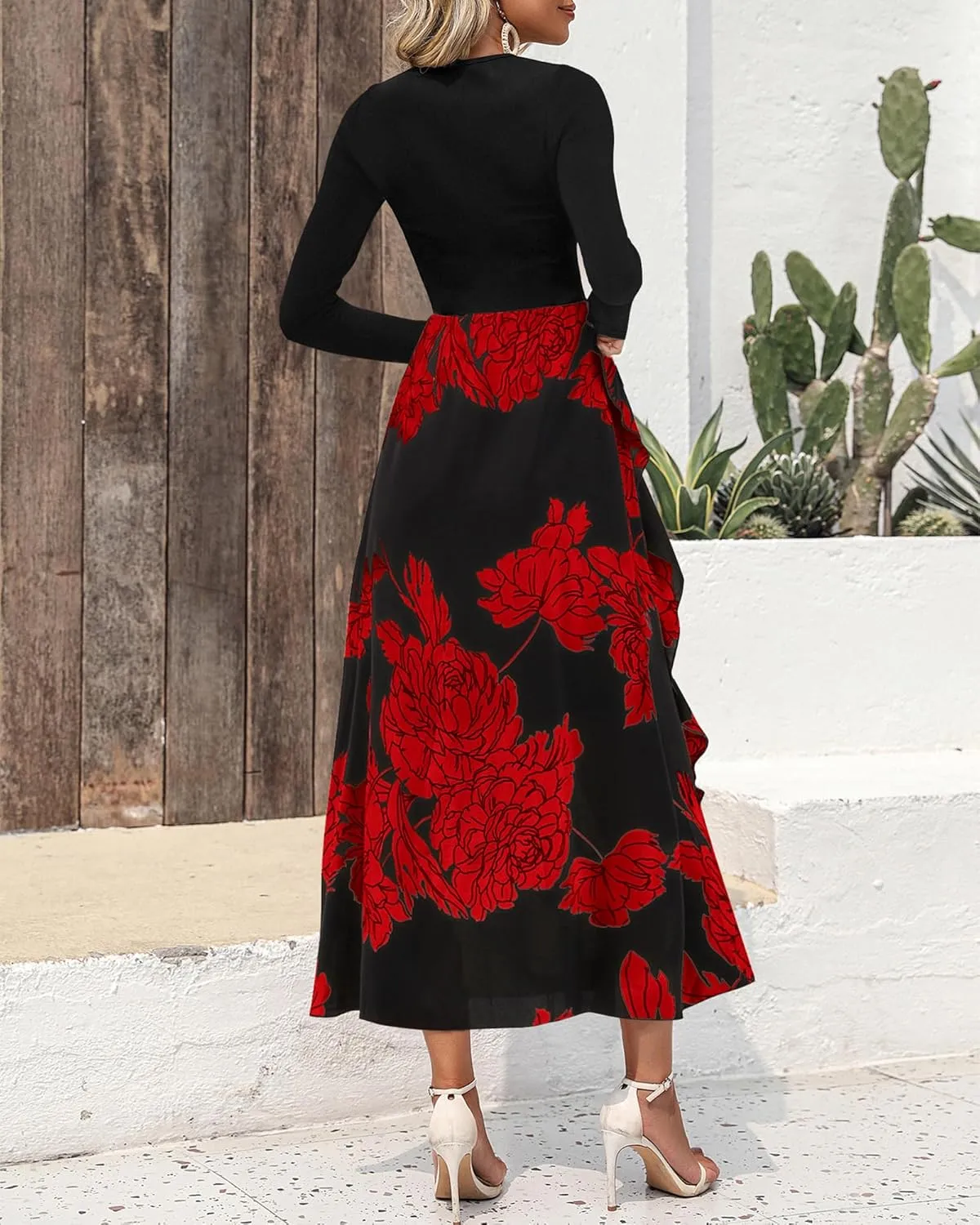 BTFBM Womens Floral Maxi Dress Spring Summer Casual Crewneck Long Sleeve Ruffle Flowy Cocktail Wedding Guest Dresses