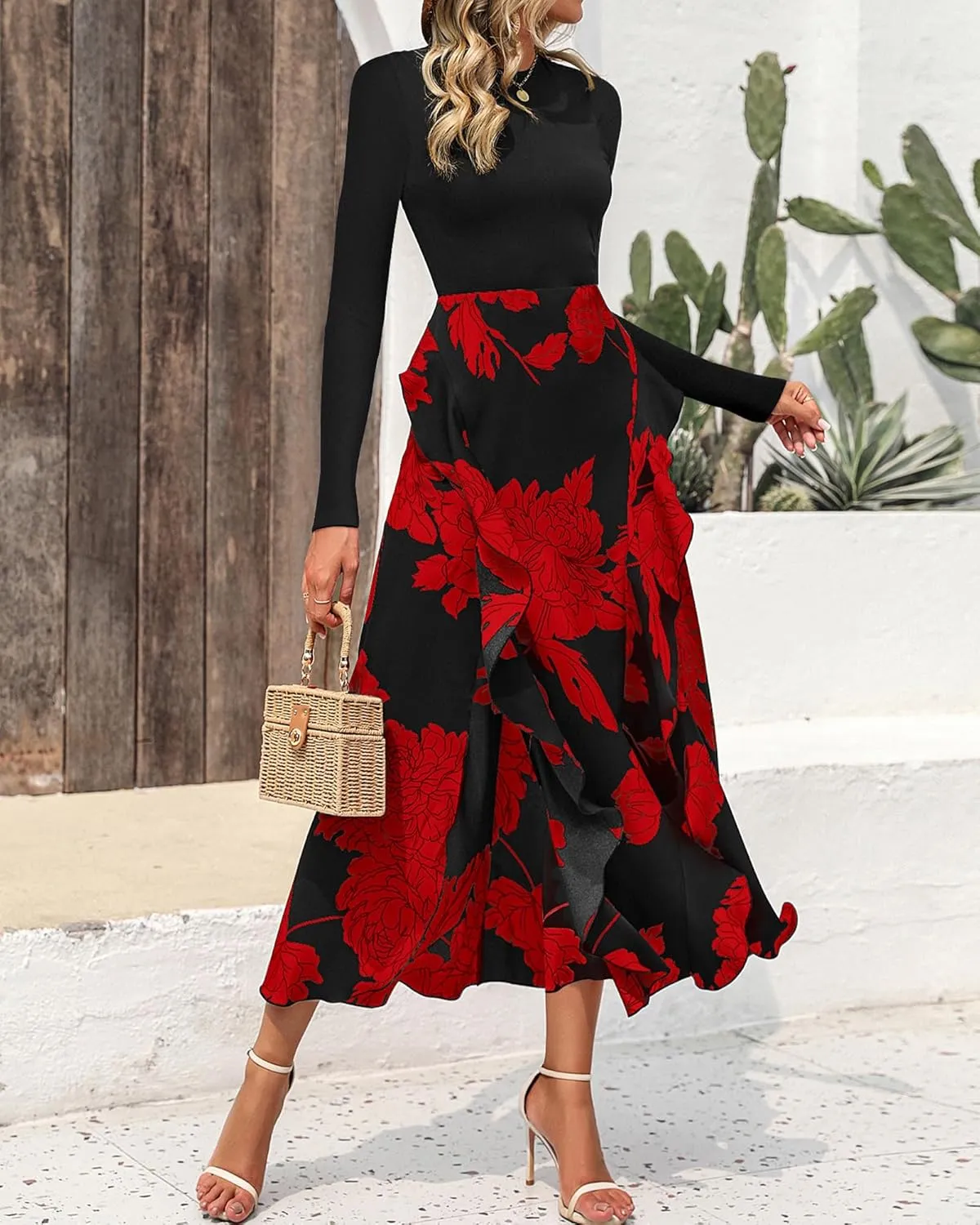 BTFBM Womens Floral Maxi Dress Spring Summer Casual Crewneck Long Sleeve Ruffle Flowy Cocktail Wedding Guest Dresses