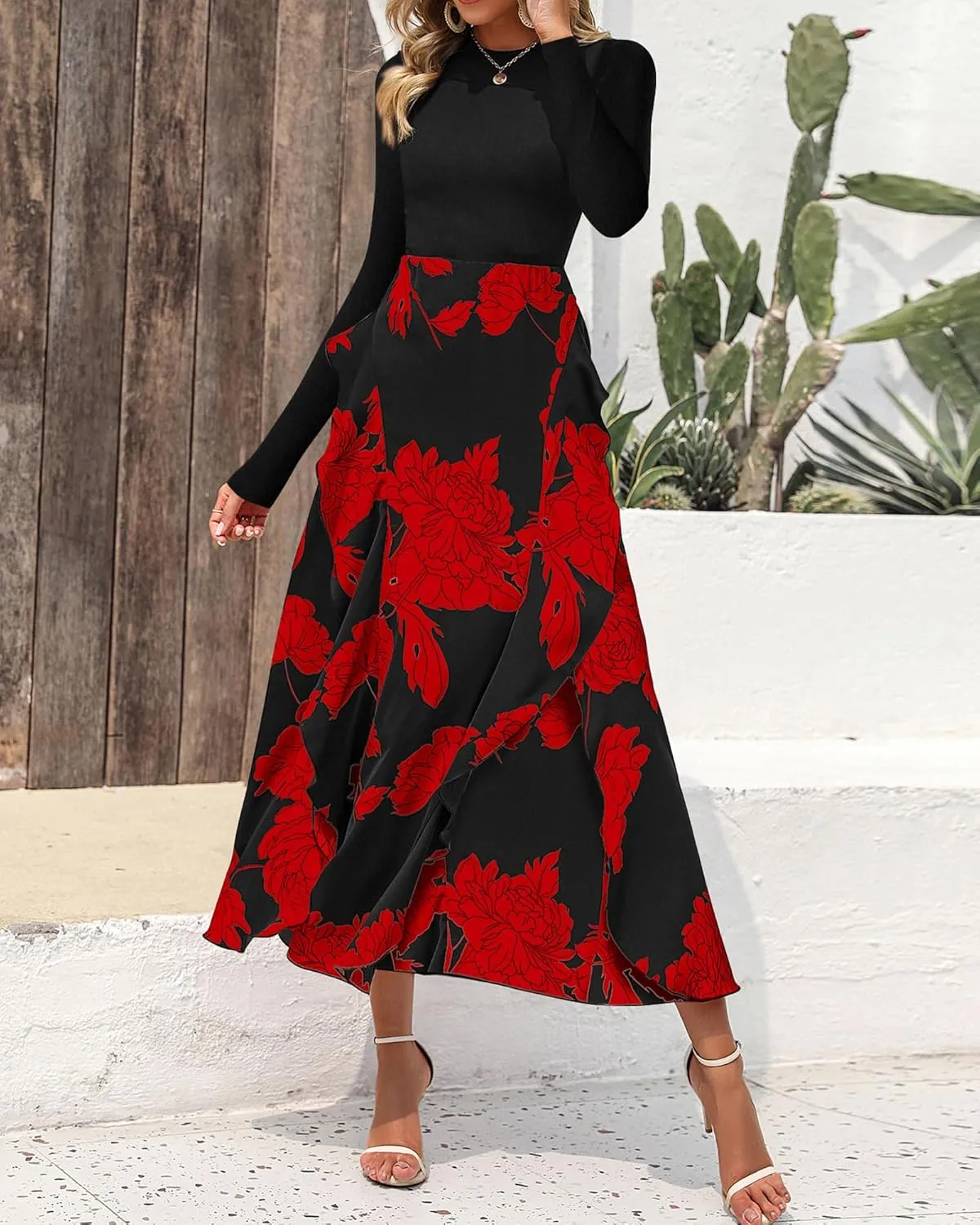 BTFBM Womens Floral Maxi Dress Spring Summer Casual Crewneck Long Sleeve Ruffle Flowy Cocktail Wedding Guest Dresses