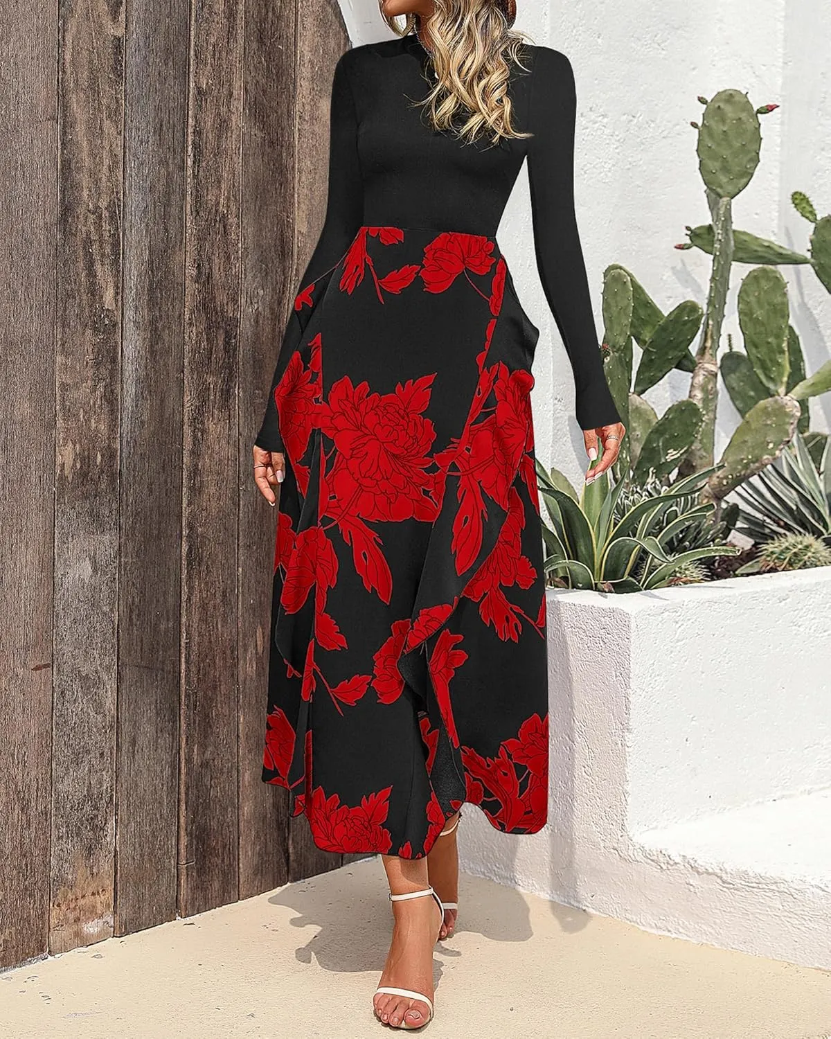 BTFBM Womens Floral Maxi Dress Spring Summer Casual Crewneck Long Sleeve Ruffle Flowy Cocktail Wedding Guest Dresses