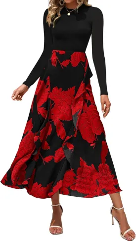 BTFBM Womens Floral Maxi Dress Spring Summer Casual Crewneck Long Sleeve Ruffle Flowy Cocktail Wedding Guest Dresses