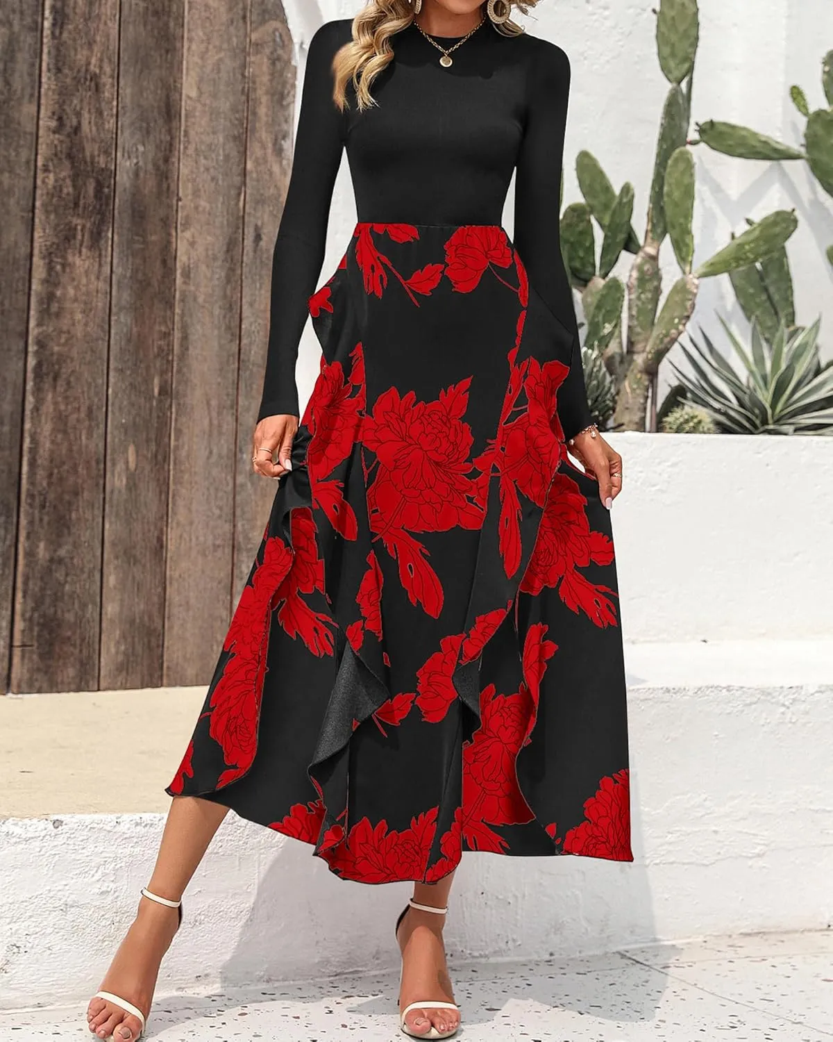 BTFBM Womens Floral Maxi Dress Spring Summer Casual Crewneck Long Sleeve Ruffle Flowy Cocktail Wedding Guest Dresses