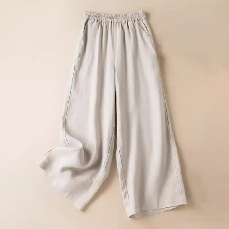 Buddha Stones Casual Solid Color Cotton Linen Women's Wide Leg Pants With Pockets