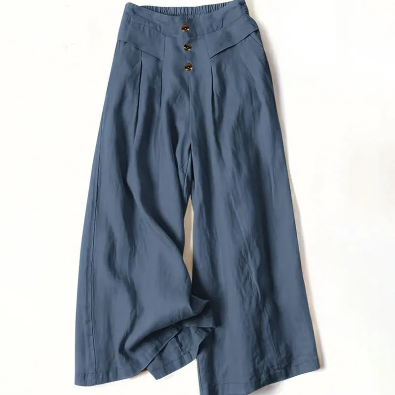 Buddha Stones Retro Casual High Waist Cotton Linen Women's Wide Leg Pants With Pockets