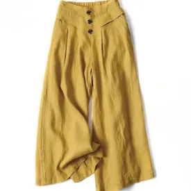 Buddha Stones Retro Casual High Waist Cotton Linen Women's Wide Leg Pants With Pockets