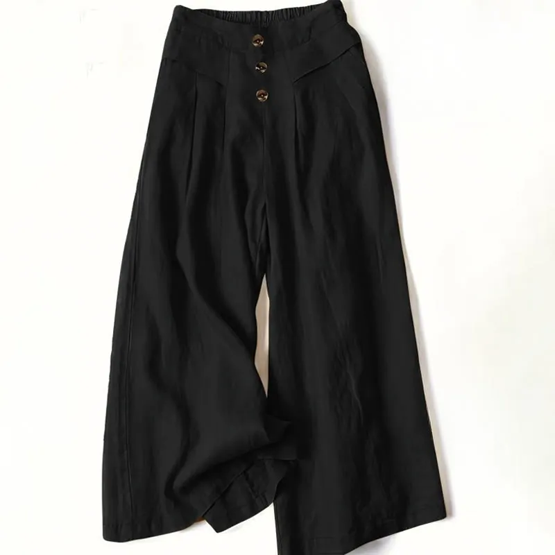 Buddha Stones Retro Casual High Waist Cotton Linen Women's Wide Leg Pants With Pockets