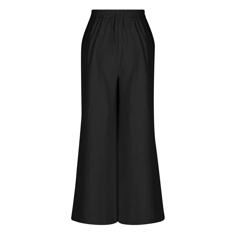 Buddha Stones Retro Casual High Waist Cotton Linen Women's Wide Leg Pants With Pockets