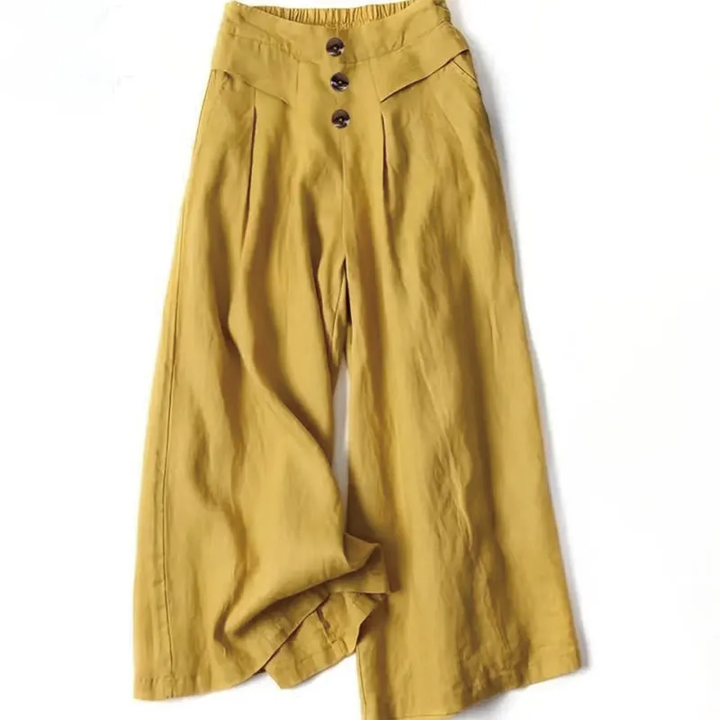 Buddha Stones Retro Casual High Waist Cotton Linen Women's Wide Leg Pants With Pockets