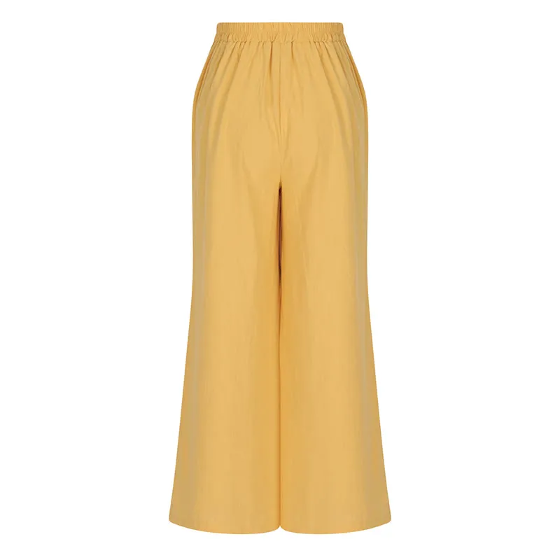 Buddha Stones Retro Casual High Waist Cotton Linen Women's Wide Leg Pants With Pockets