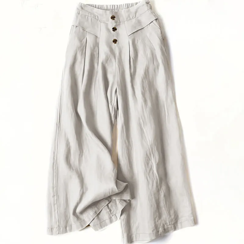 Buddha Stones Retro Casual High Waist Cotton Linen Women's Wide Leg Pants With Pockets