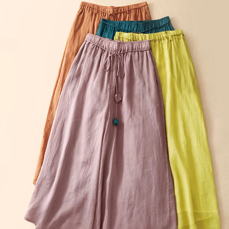 Buddha Stones Simple Design Drawstring Linen Women's Wide Leg Pants With Pockets