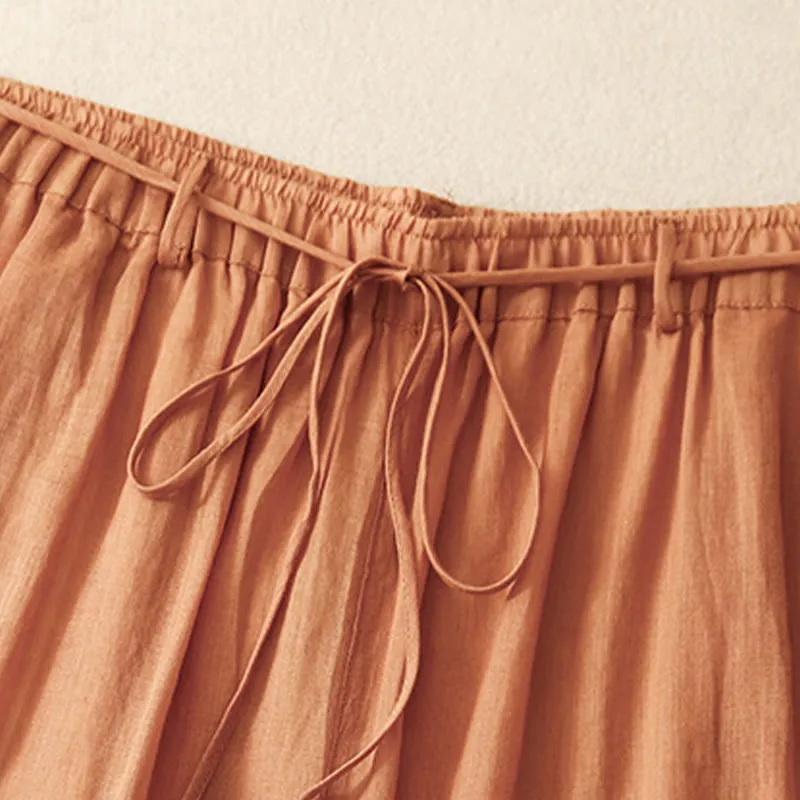Buddha Stones Simple Design Drawstring Linen Women's Wide Leg Pants With Pockets