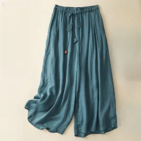 Buddha Stones Simple Design Drawstring Linen Women's Wide Leg Pants With Pockets